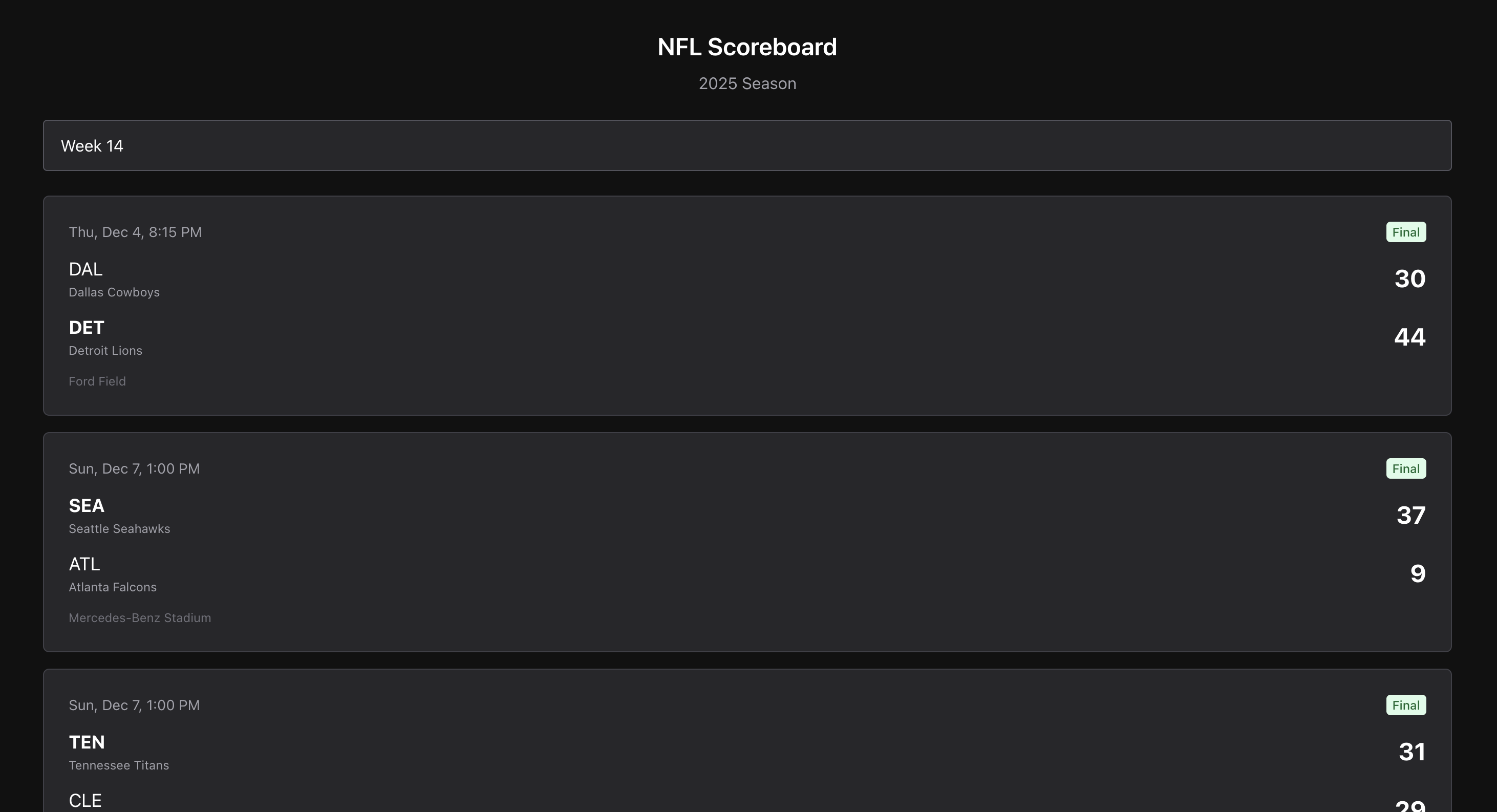React NFL scoreboard app showing live game scores with team names, scores, and game status badges